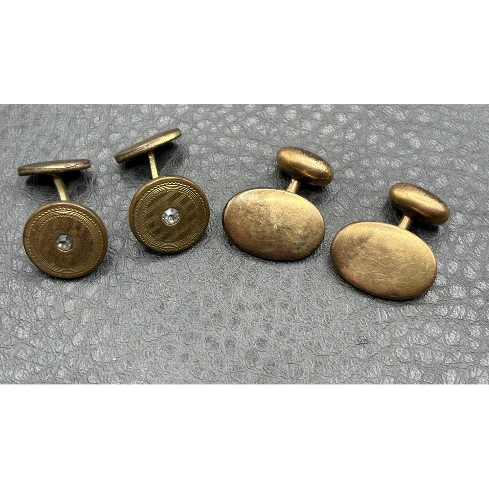 Vintage Lot 2 Pairs Victorian Gold Filled Cufflinks Etched Oval Paste Stones
